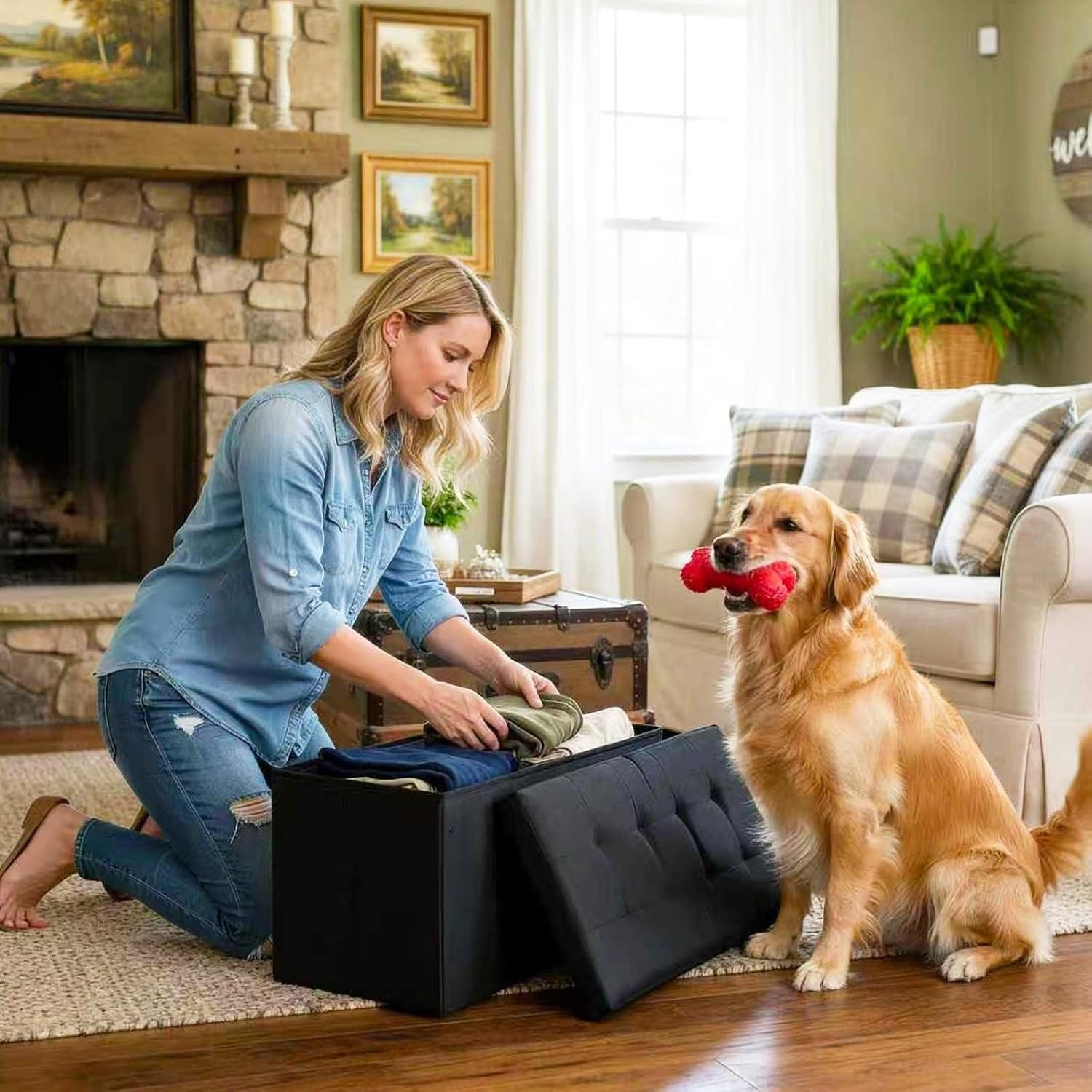 Navy Linen Foldable Storage Ottoman