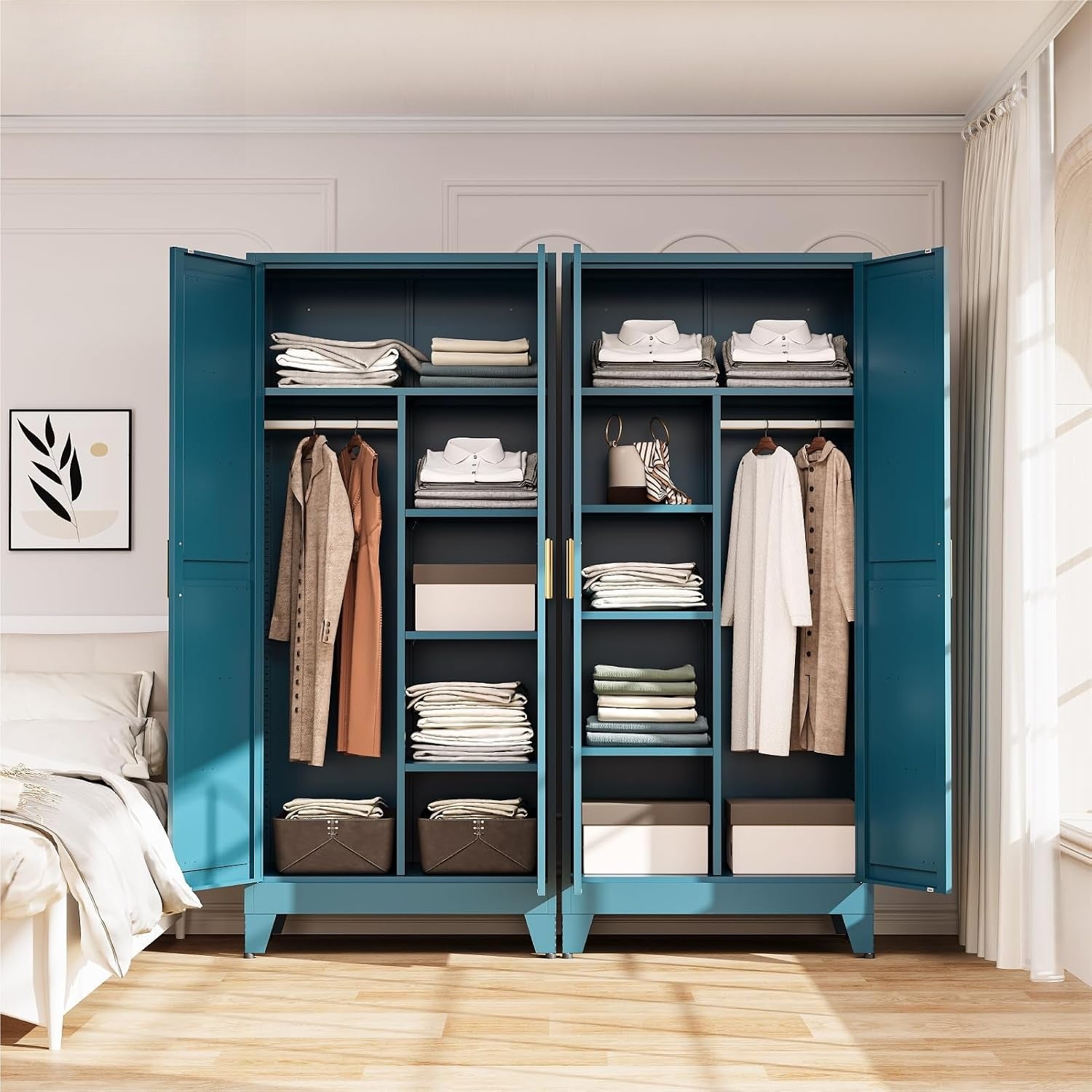 Peacock Blue Farmhouse Metal Wardrobe Storage Cabinet