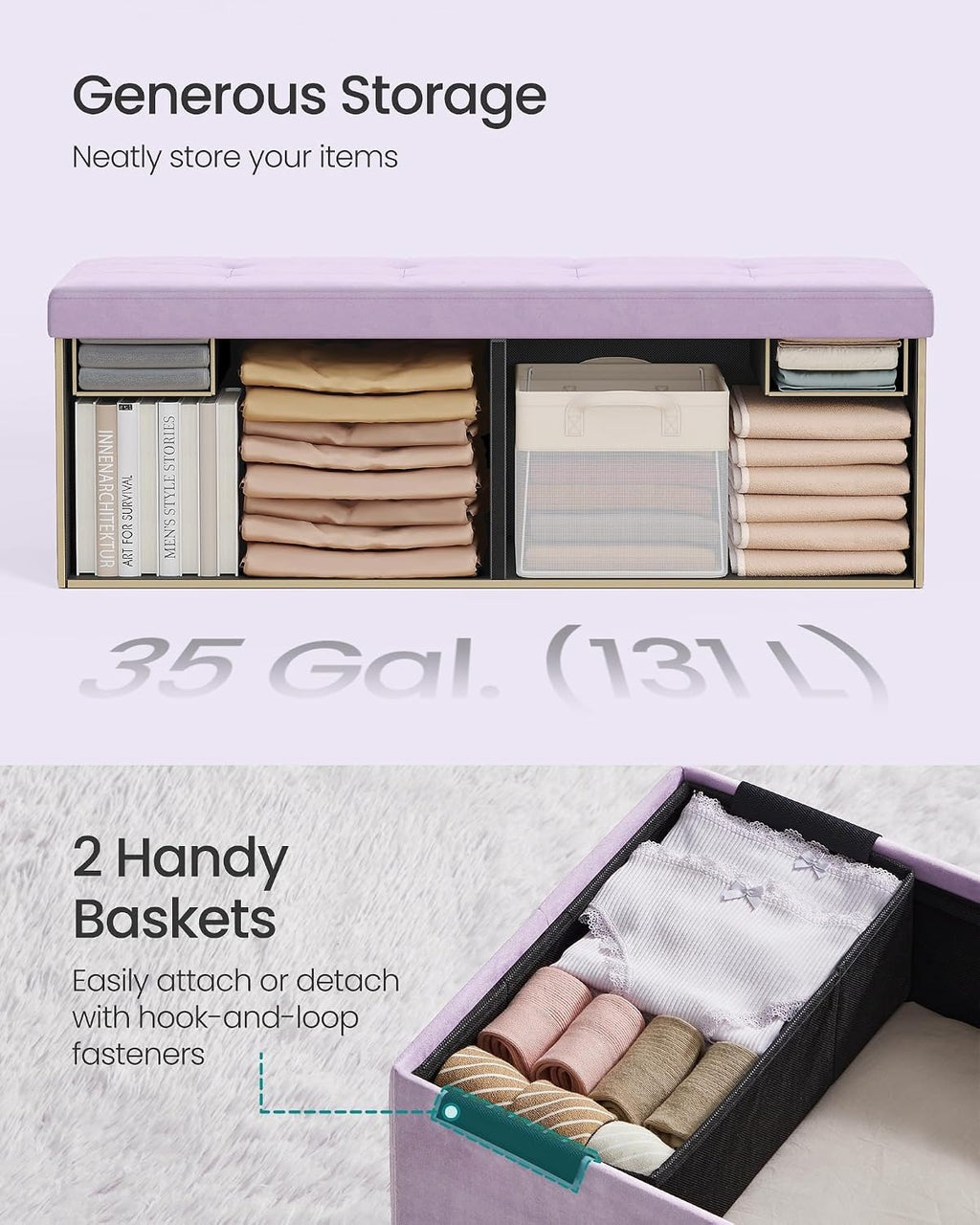 Light Lilac Foldable Storage Ottoman Bench