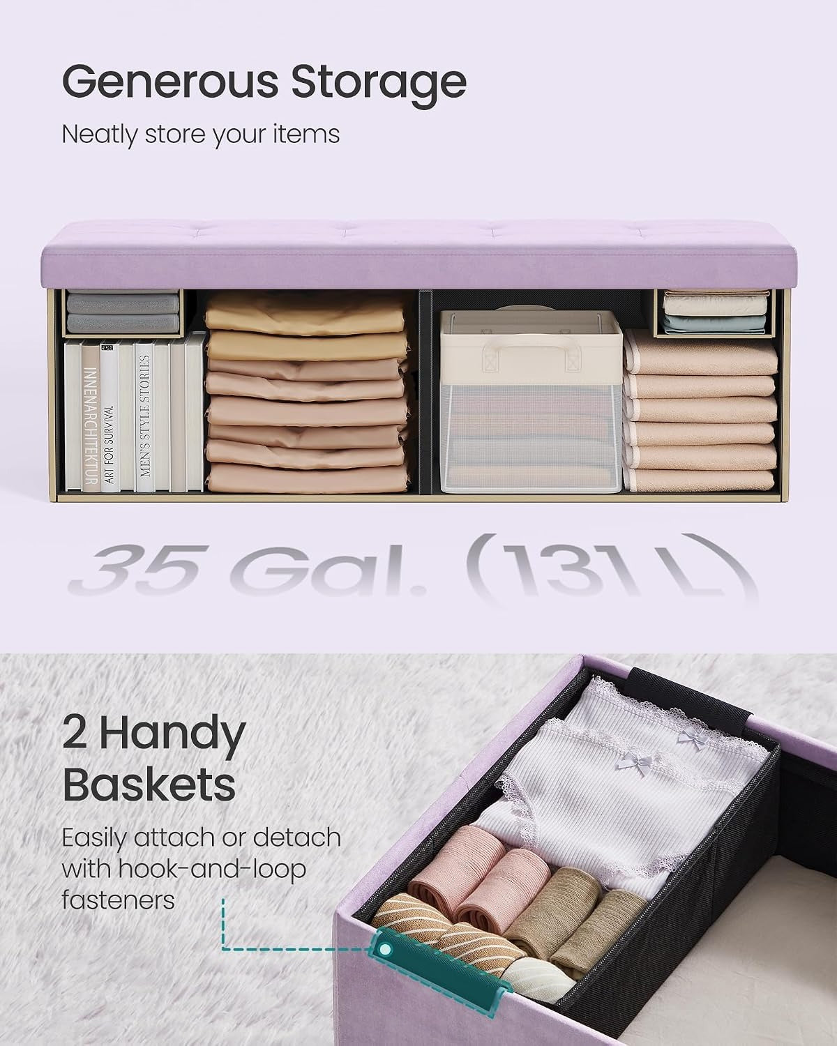 Light Lilac Foldable Storage Ottoman Bench
