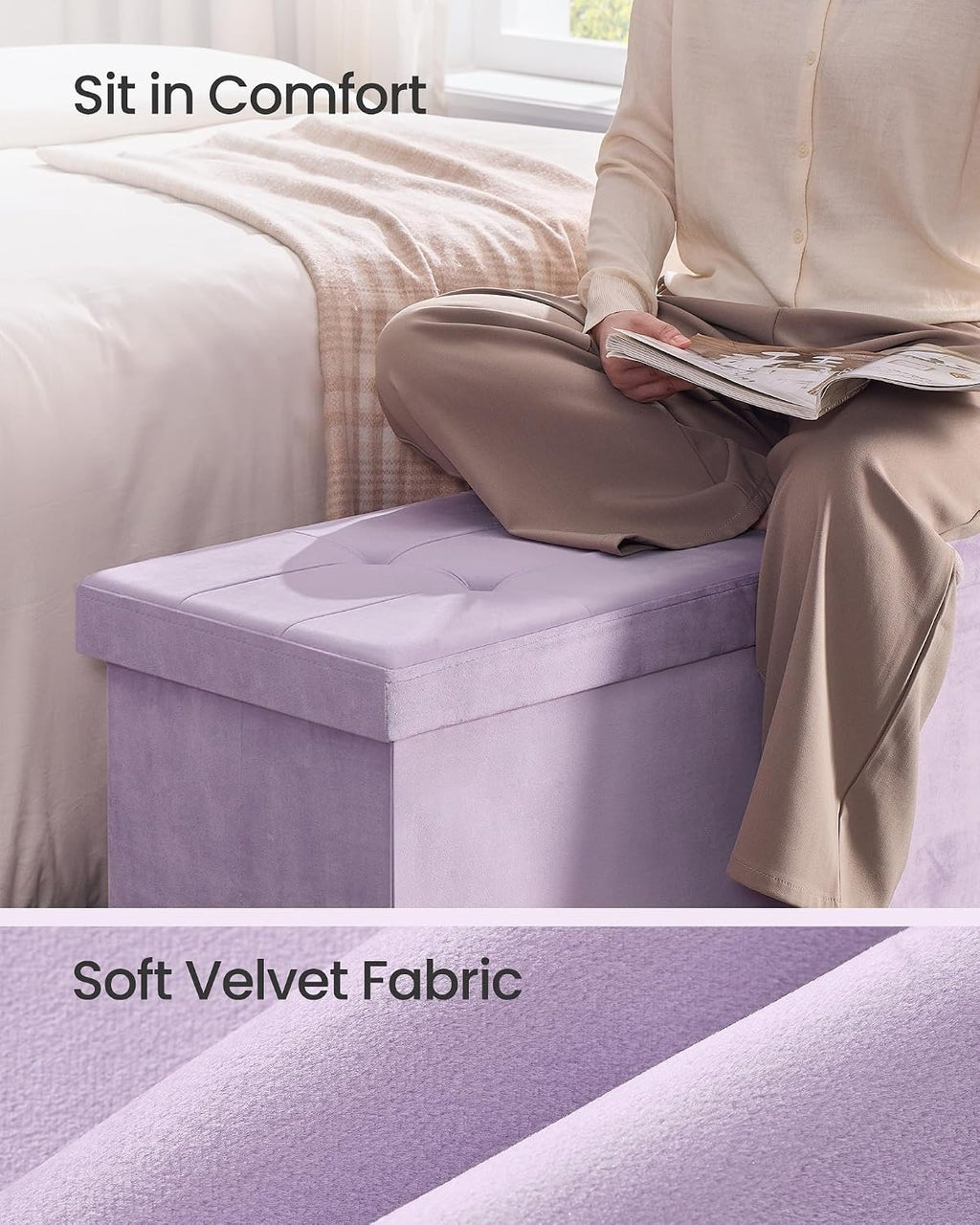 Light Lilac Foldable Storage Ottoman Bench