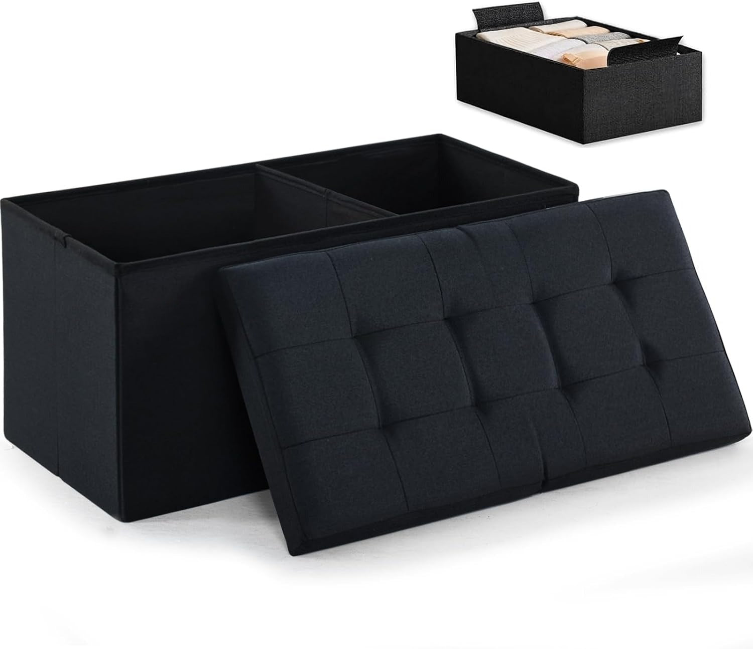 Black Linen Foldable Storage Ottoman