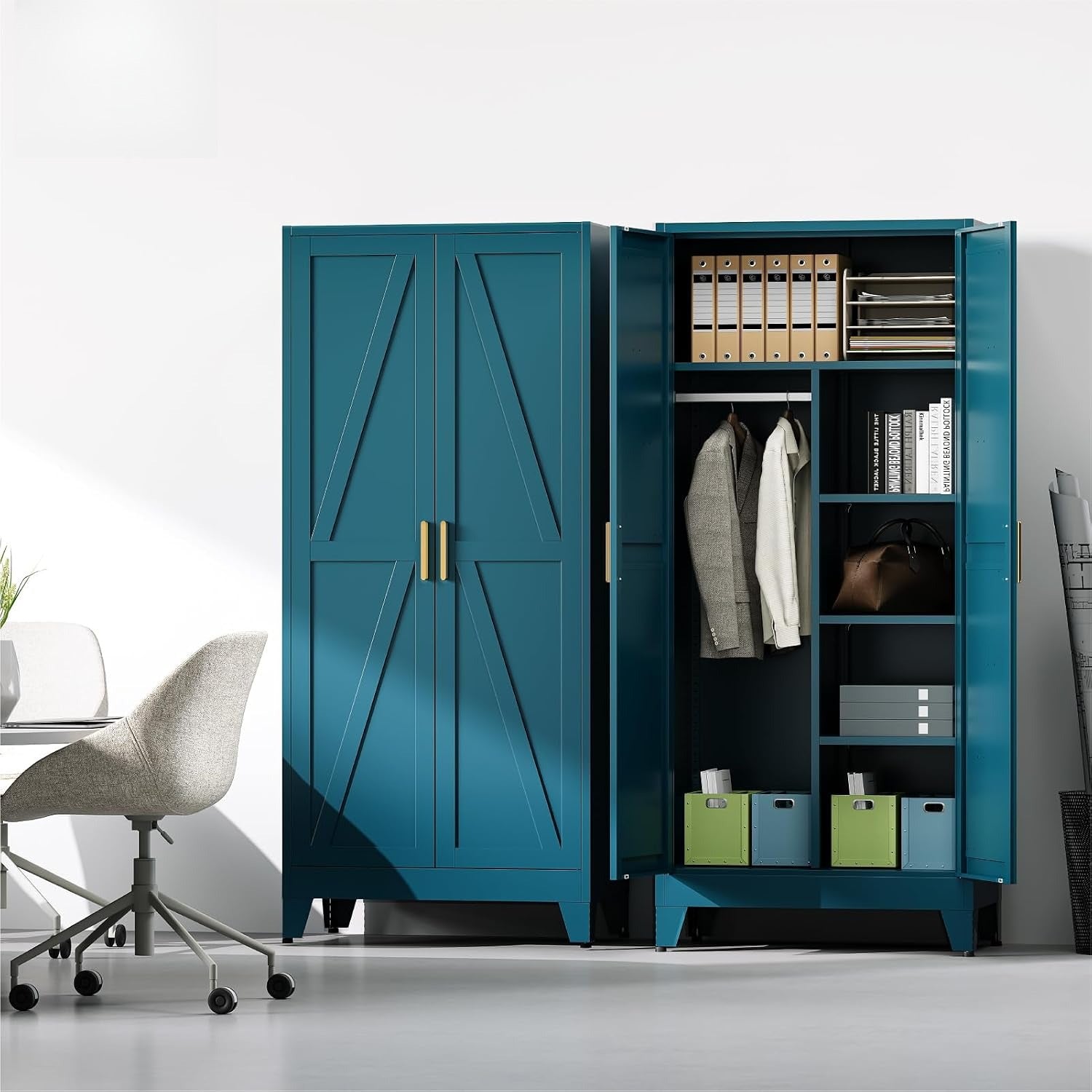 Peacock Blue Farmhouse Metal Wardrobe Storage Cabinet